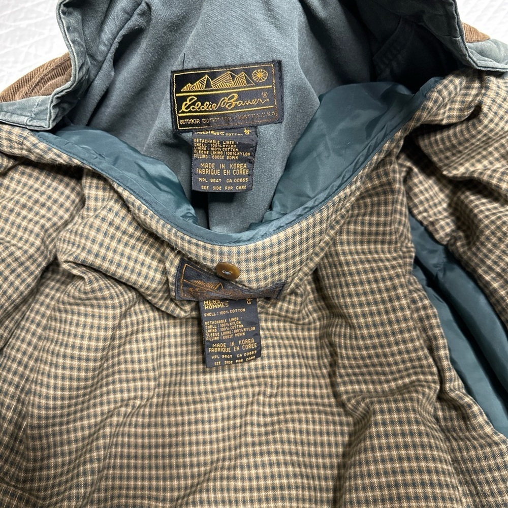 VINTAGE Eddie Bauer Chore Jacket Men L Green Goose Down Removable Liner Dad coat - Picture 7 of 16